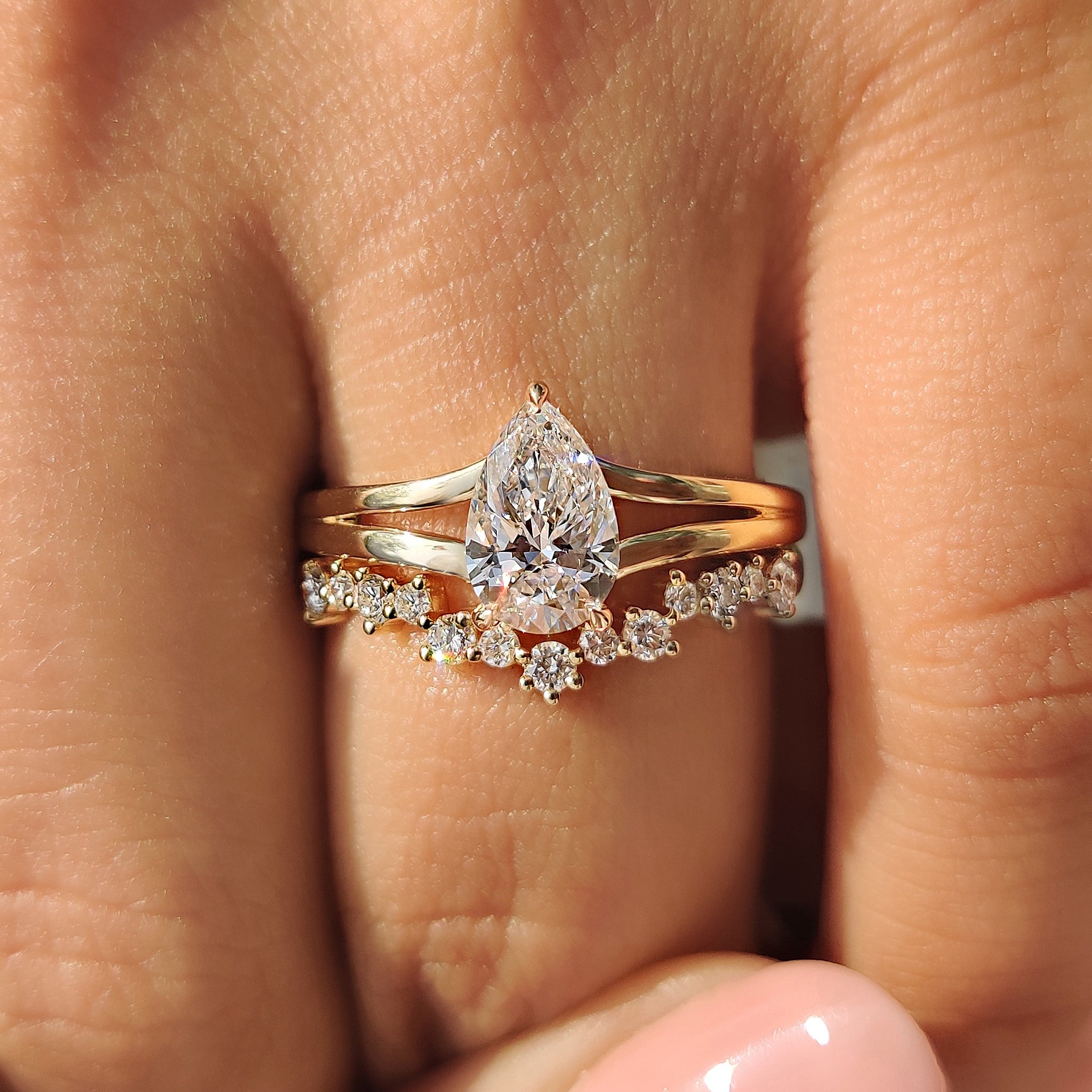 Hidden Halo Pear Shaped Ring with Curved Band