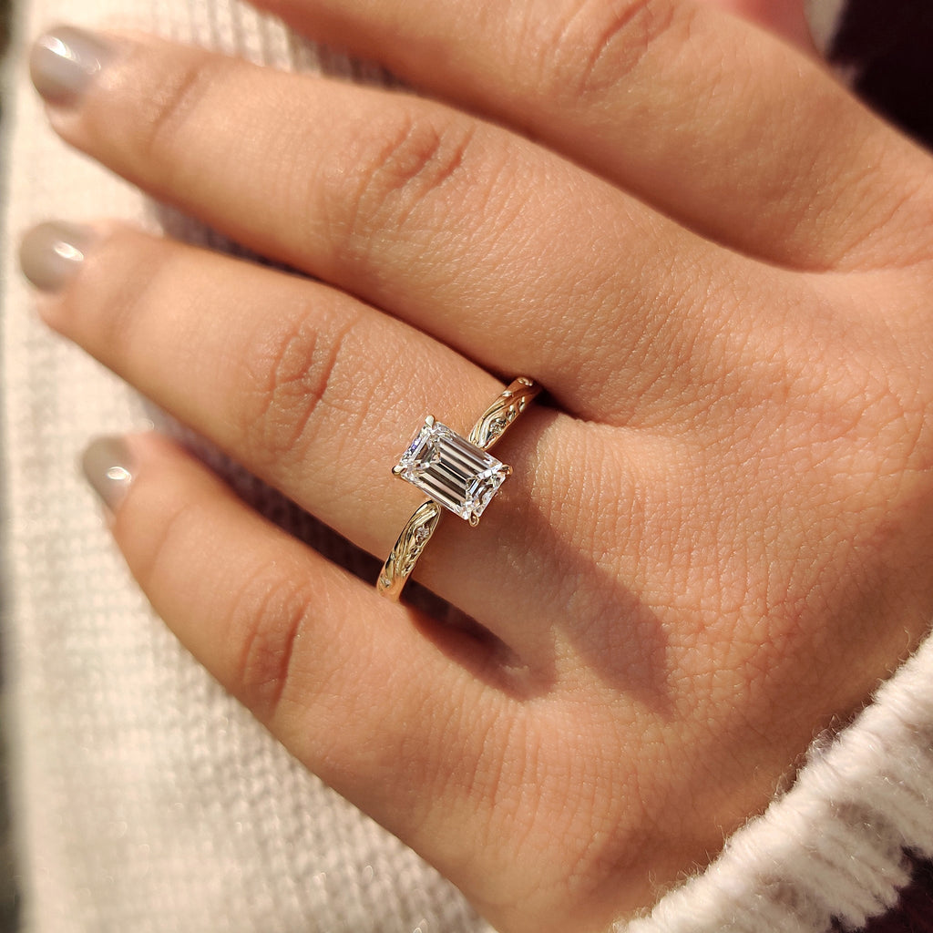 Hand Engraved Nature Inspired Emerald Diamond Ring