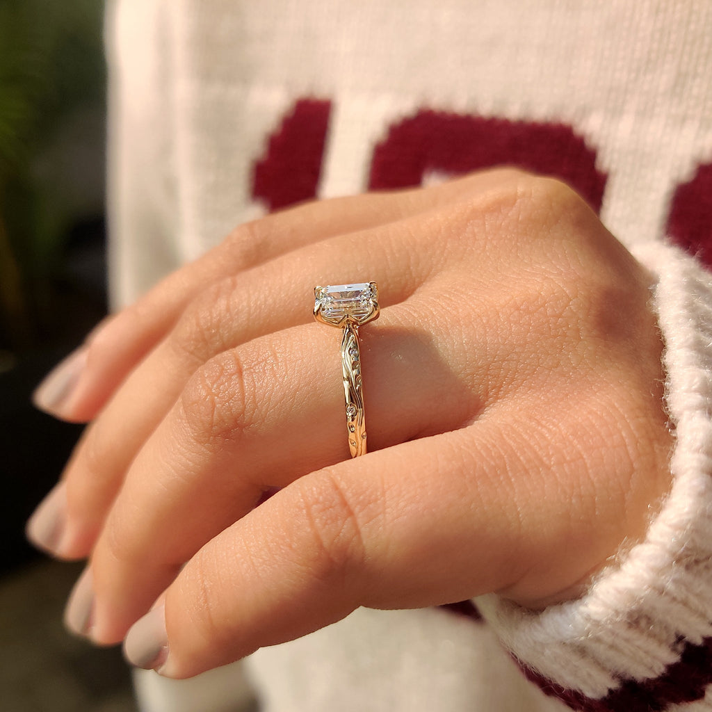 Hand Engraved Nature Inspired Emerald Diamond Ring