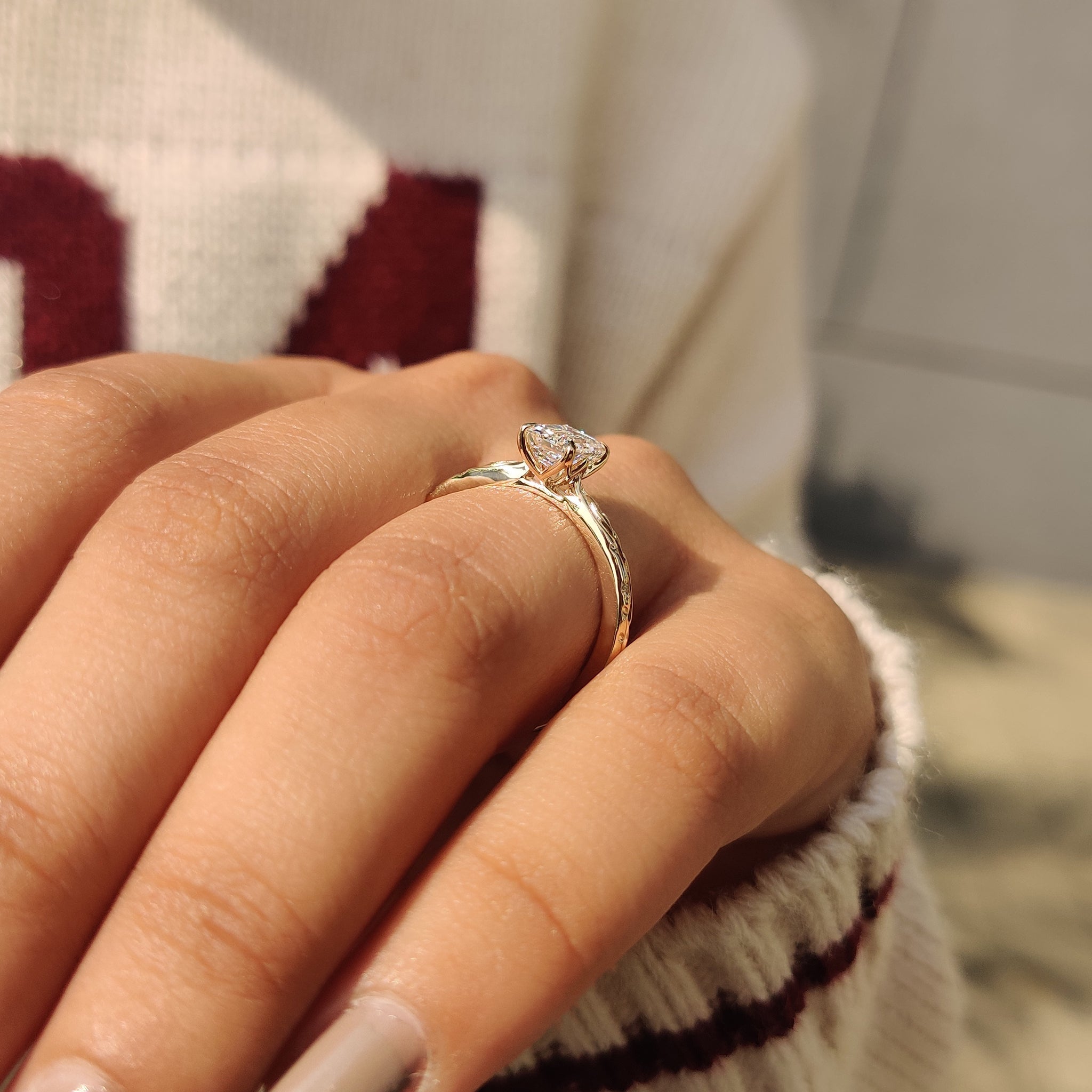 Hand Engraved Nature Inspired Emerald Diamond Ring