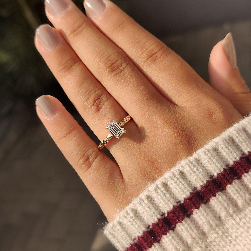 Hand Engraved Nature Inspired Emerald Diamond Ring