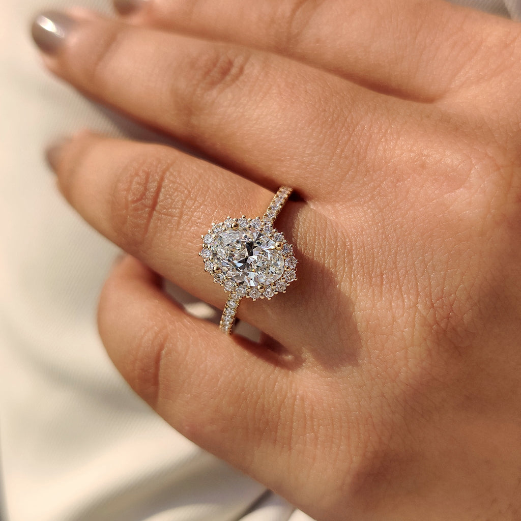 Oval Cut Diamond Ring With Halo And Pave Setting