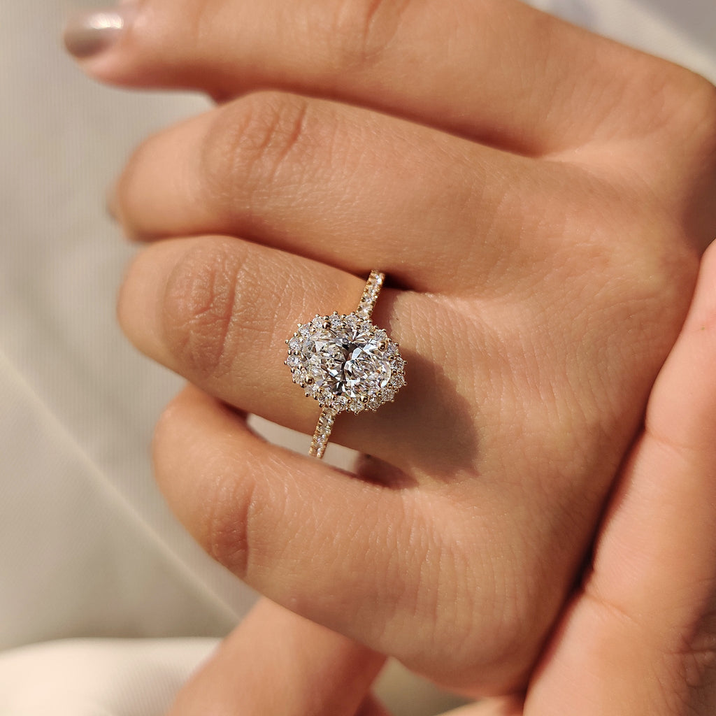 Oval Cut Diamond Engagement Ring In Halo And Pave Style