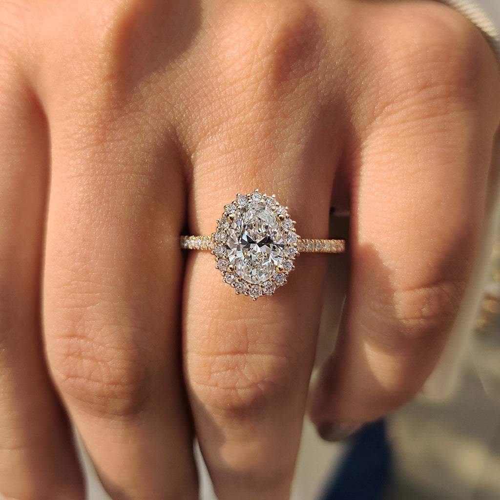 Oval Cut Diamond Ring With Halo And Pave Setting