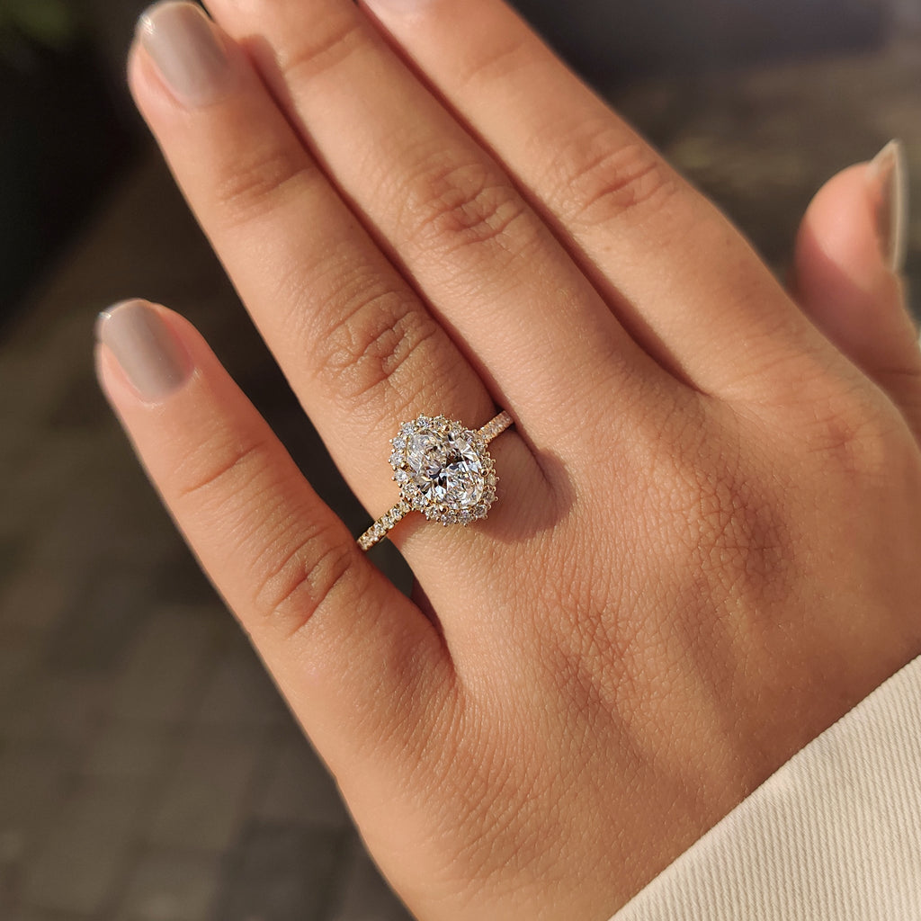 Oval Cut Diamond Engagement Ring In Halo And Pave Style