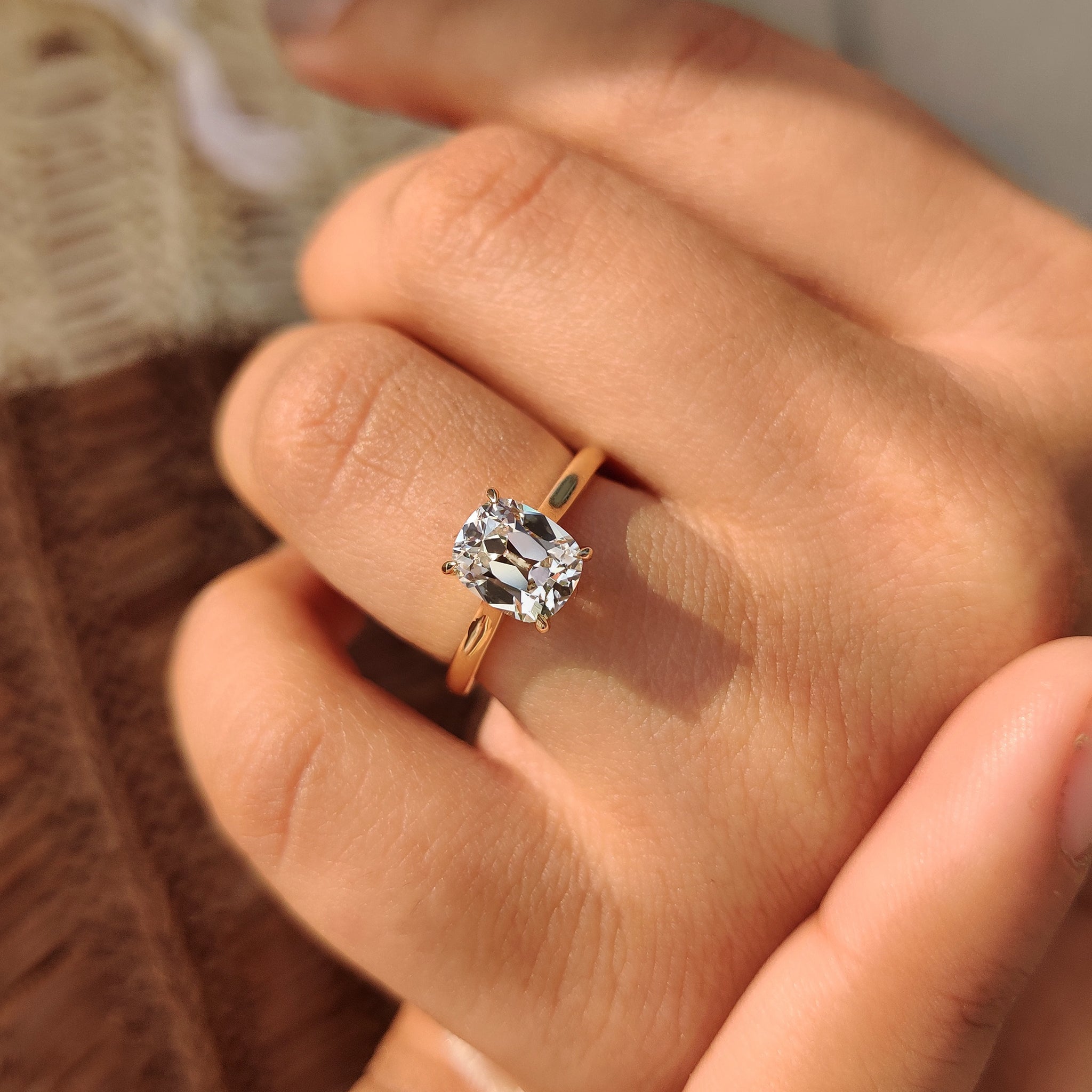 Cushion Old European Cut Diamond Ring in Solitaire Setting