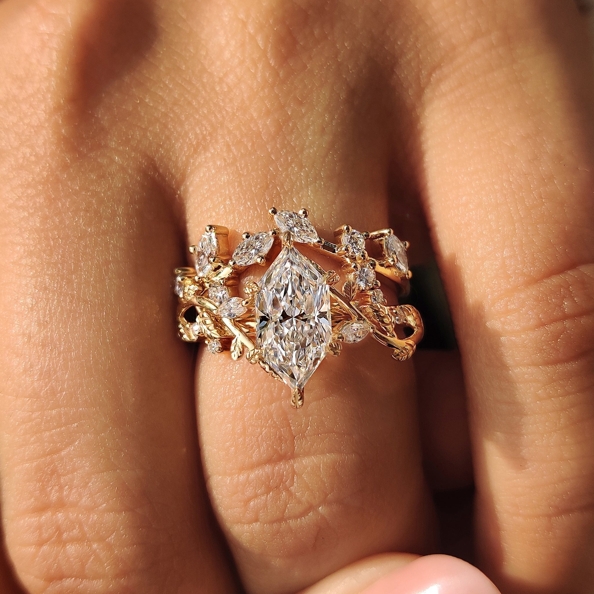 Nature Inspired Bridal Set With Dutch Marquise Ring
