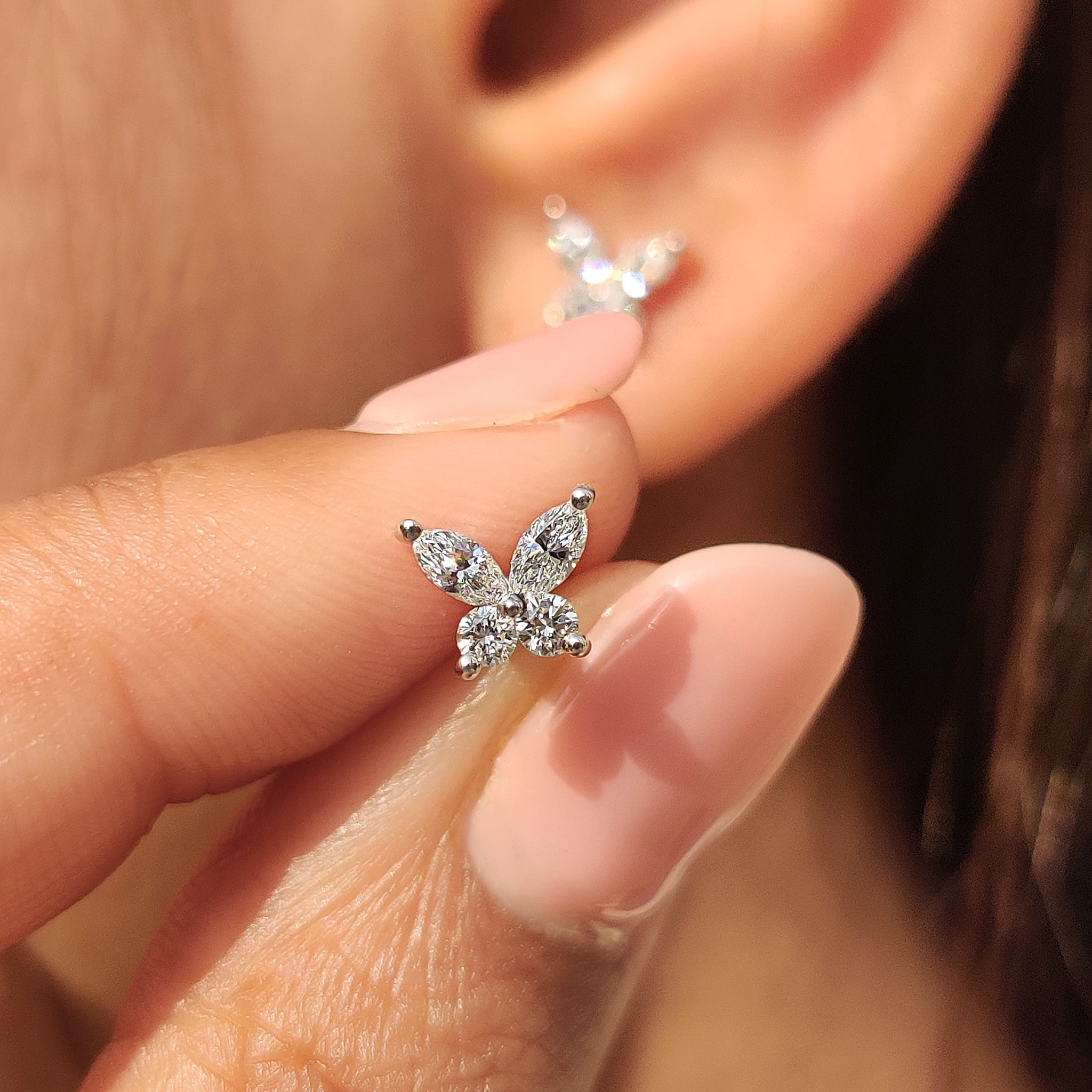 Marquise And Round Diamond Butterfly Stud Earrings