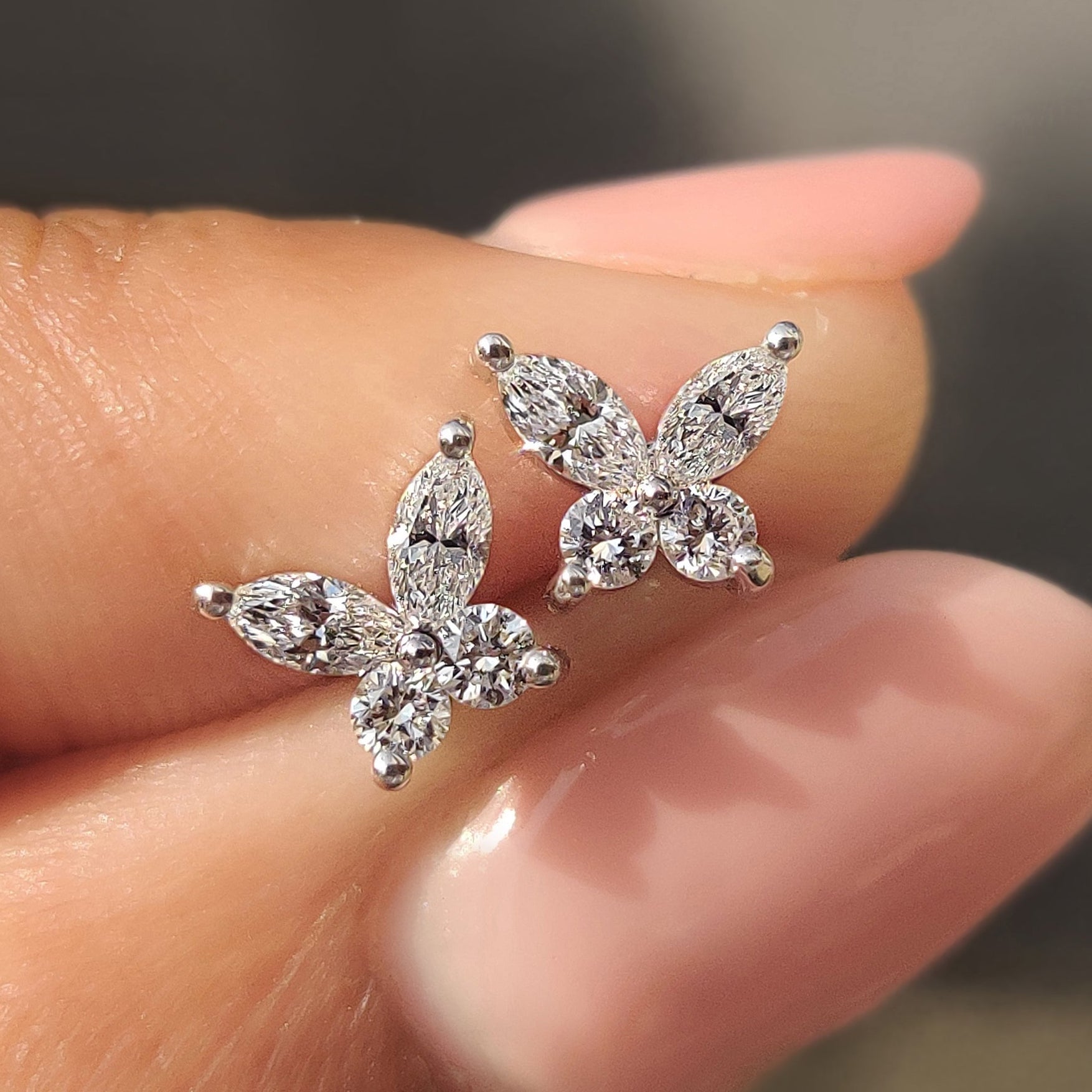 Marquise And Round Diamond Butterfly Stud Earrings