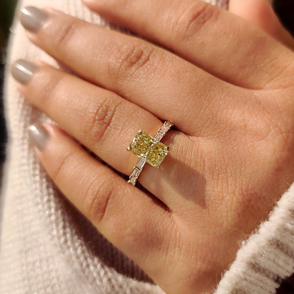 Radiant Cut Yellow Moissanite Ring in Pave Setting