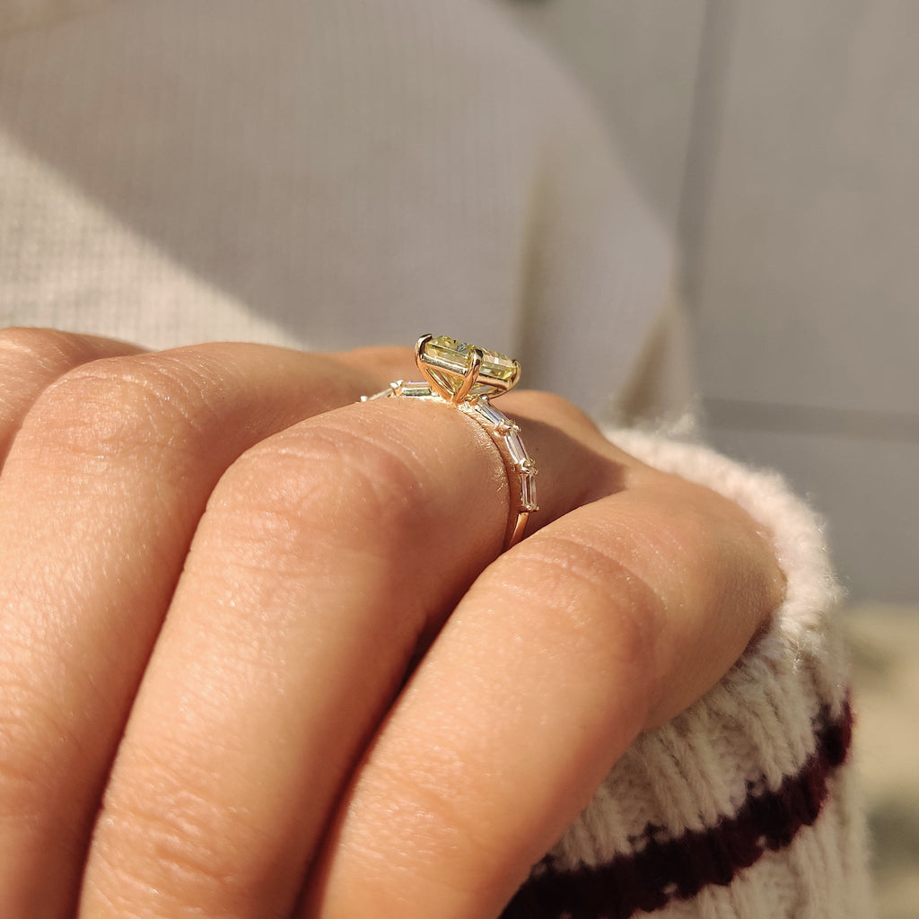 Radiant Cut Yellow Moissanite Ring in Pave Setting