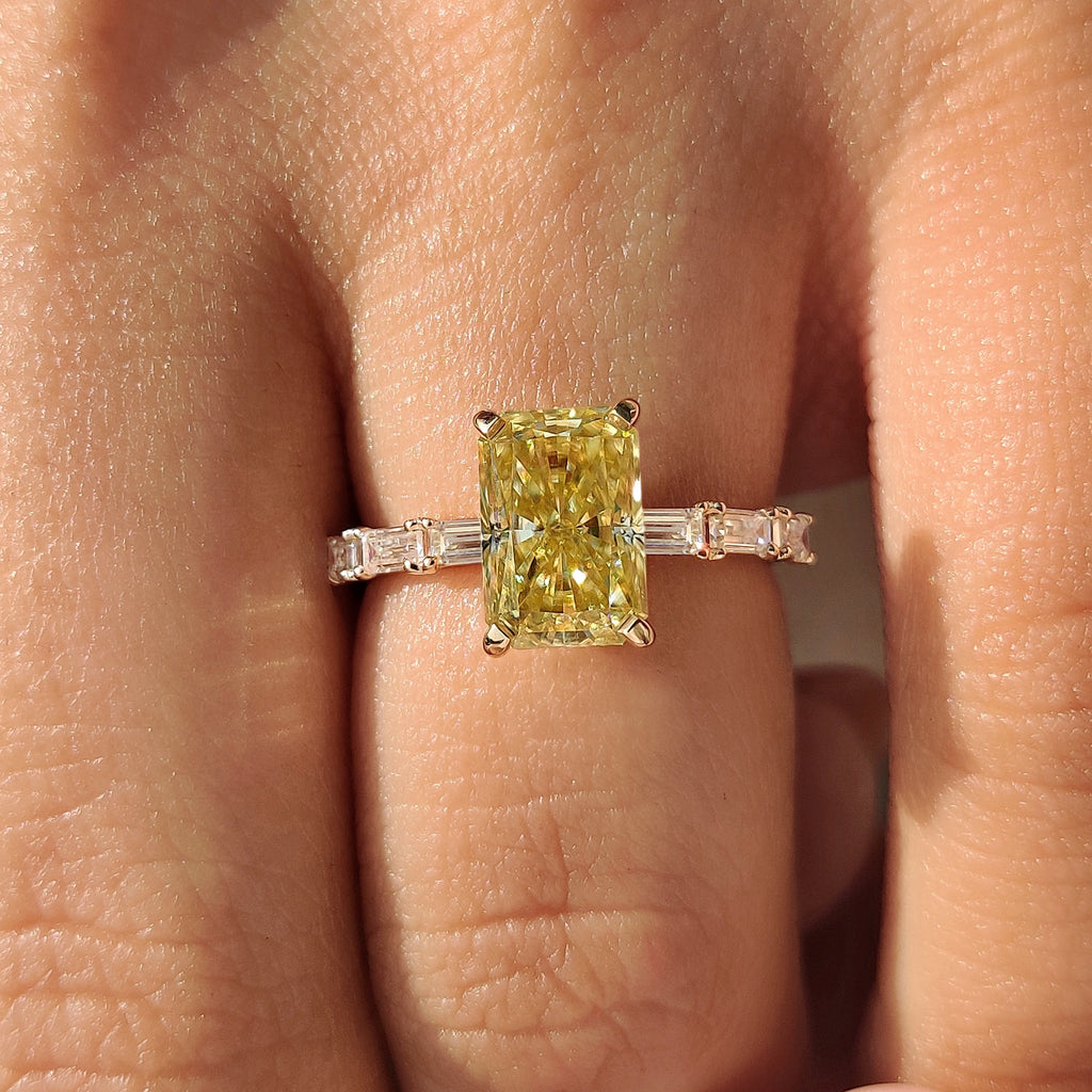 Radiant Cut Yellow Moissanite Ring in Pave Setting