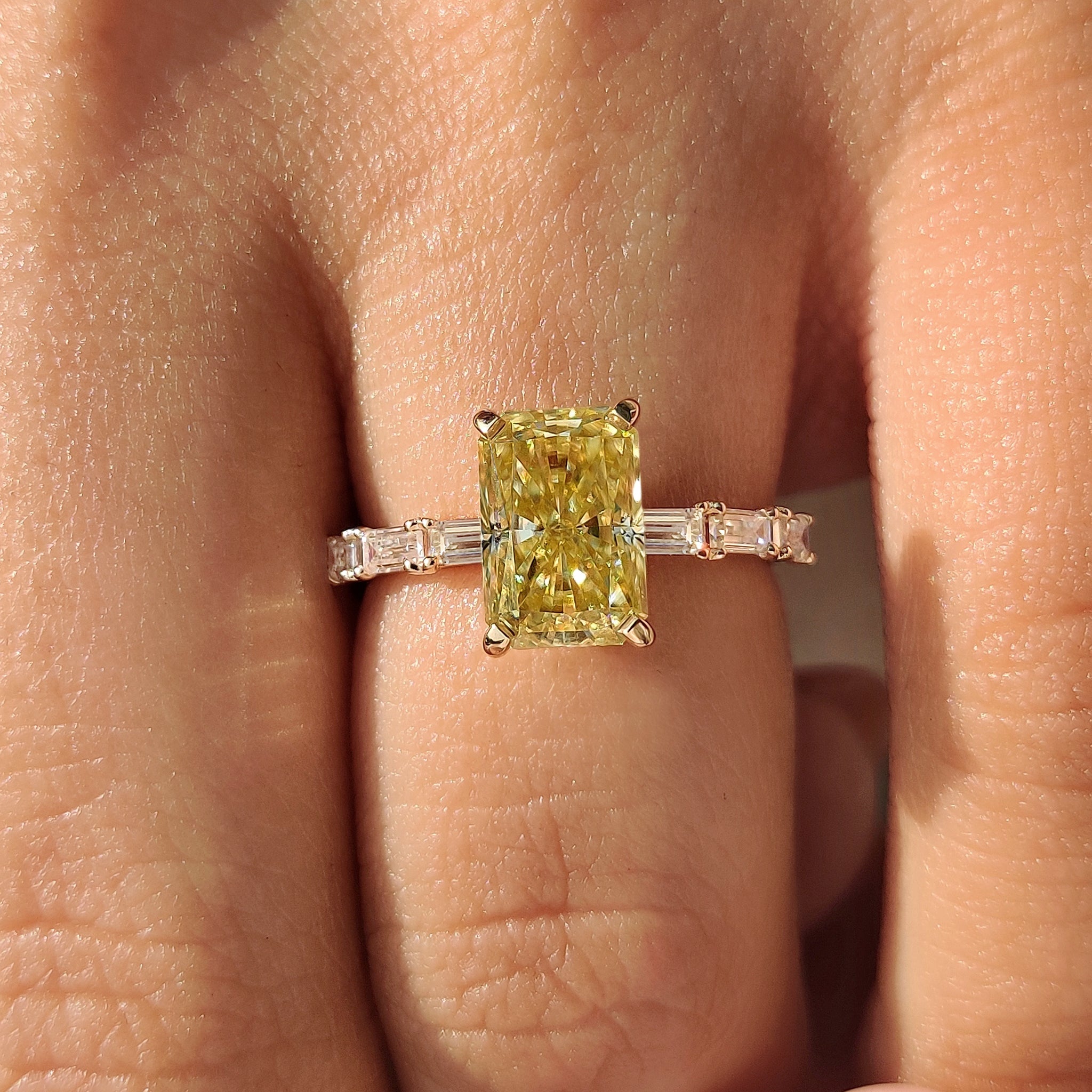 Radiant Cut Yellow Moissanite Ring in Pave Setting