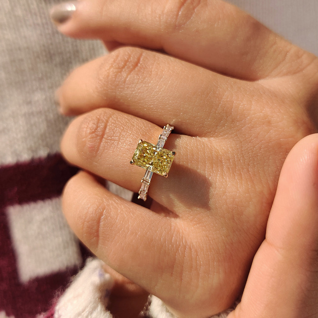 Radiant Cut Yellow Moissanite Ring in Pave Setting