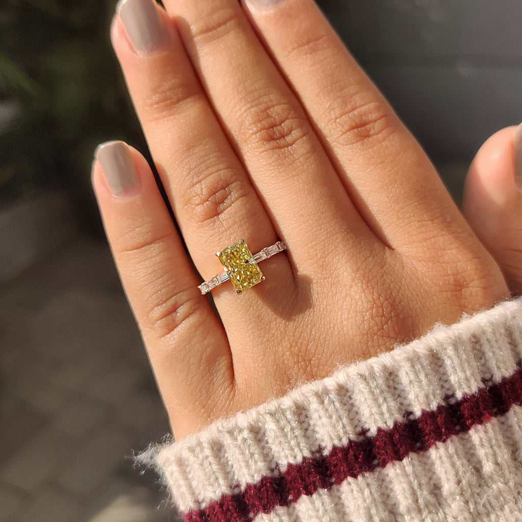 Radiant Cut Yellow Moissanite Ring in Pave Setting