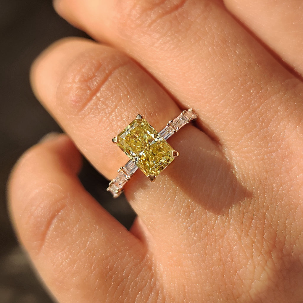 Radiant Cut Yellow Moissanite Ring in Pave Setting
