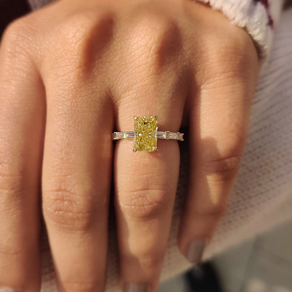 Radiant Cut Yellow Moissanite Ring in Pave Setting