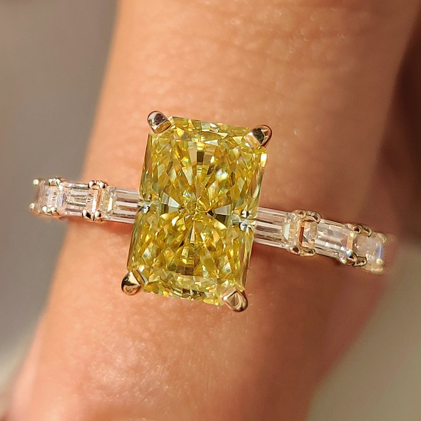 Radiant Cut Yellow Moissanite Ring in Pave Setting Main image