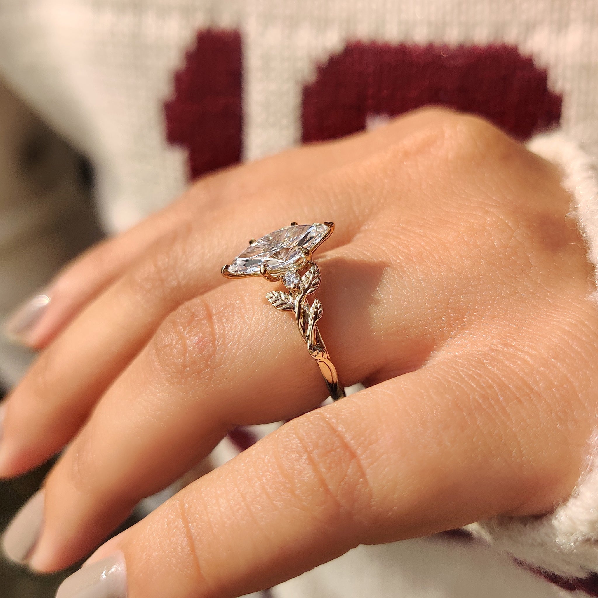 Nature Inspired Three Stone Marquise Engagement Ring