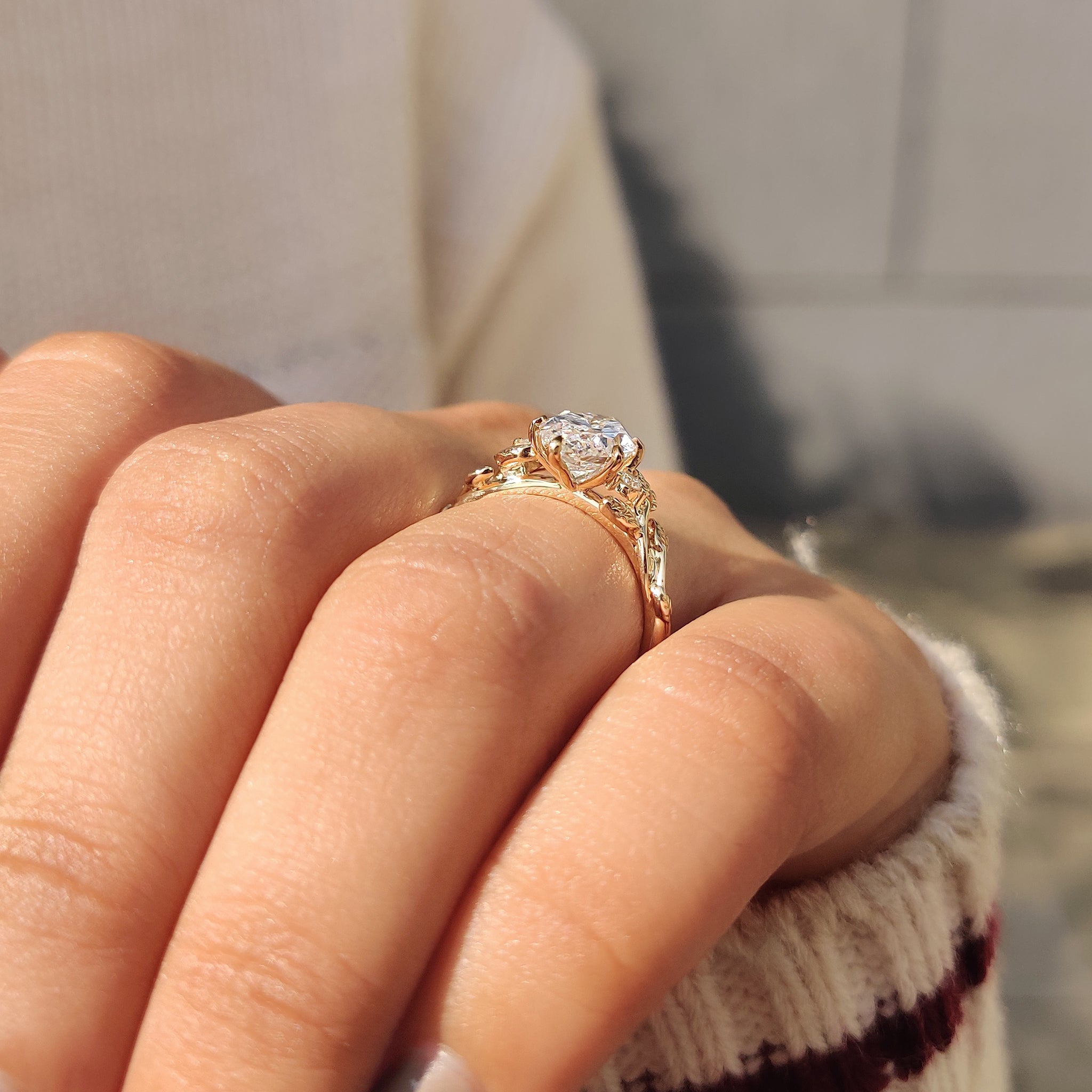 Nature Inspired Three Stone Marquise Engagement Ring