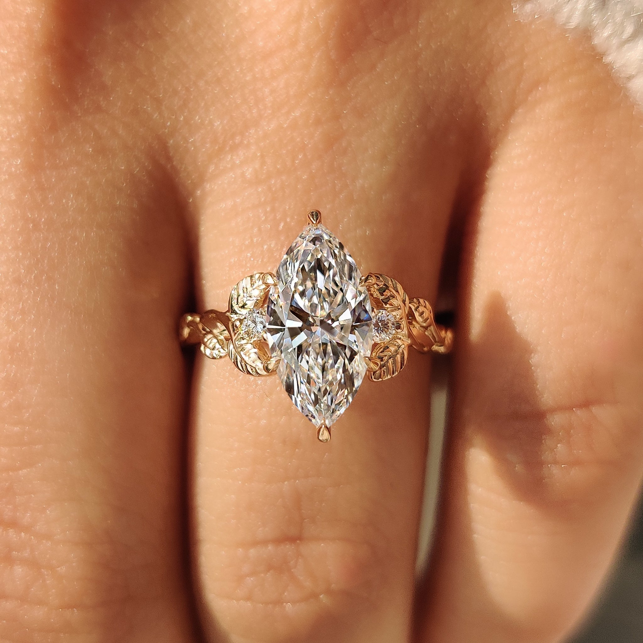 Nature Inspired Three Stone Marquise Engagement Ring