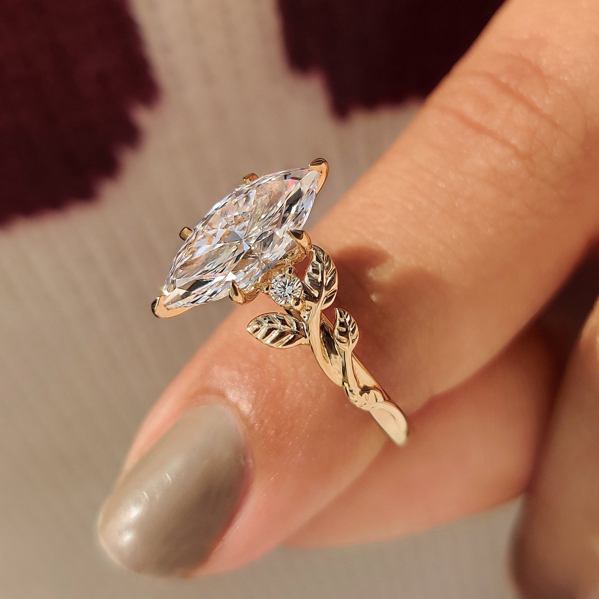 Nature Inspired Three Stone Marquise Engagement Ring