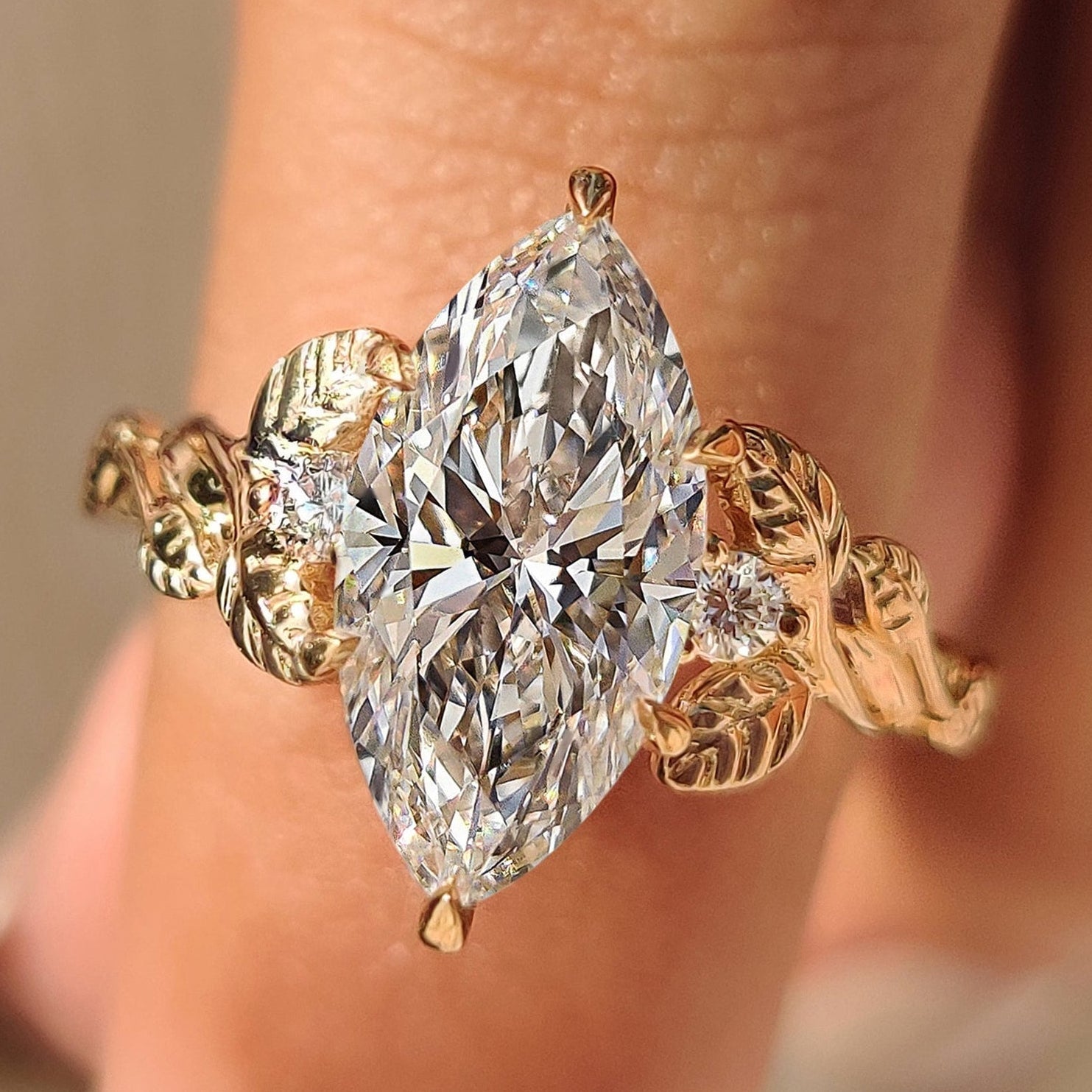Nature Inspired Three Stone Marquise Engagement Ring Main image