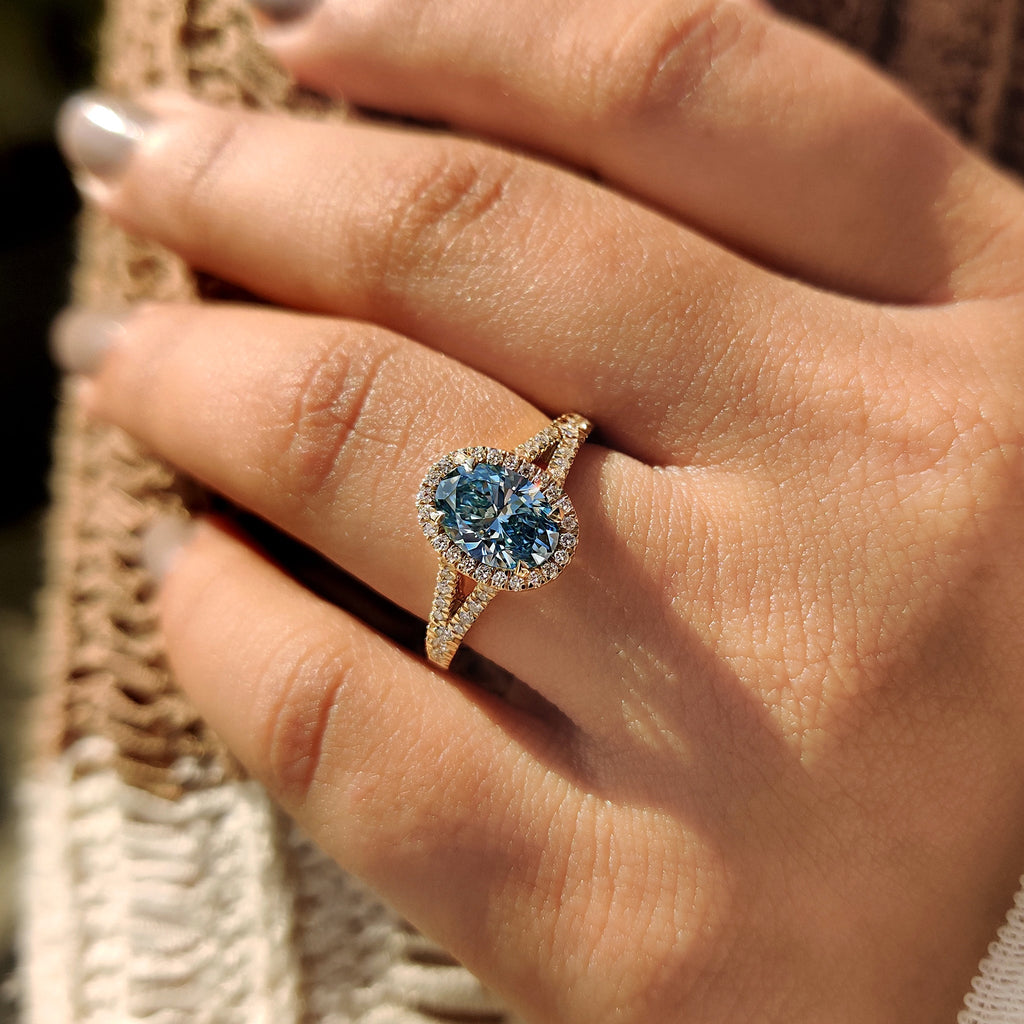 1 - 3 CT Blue Diamond Oval Engagement Ring in Pave Setting