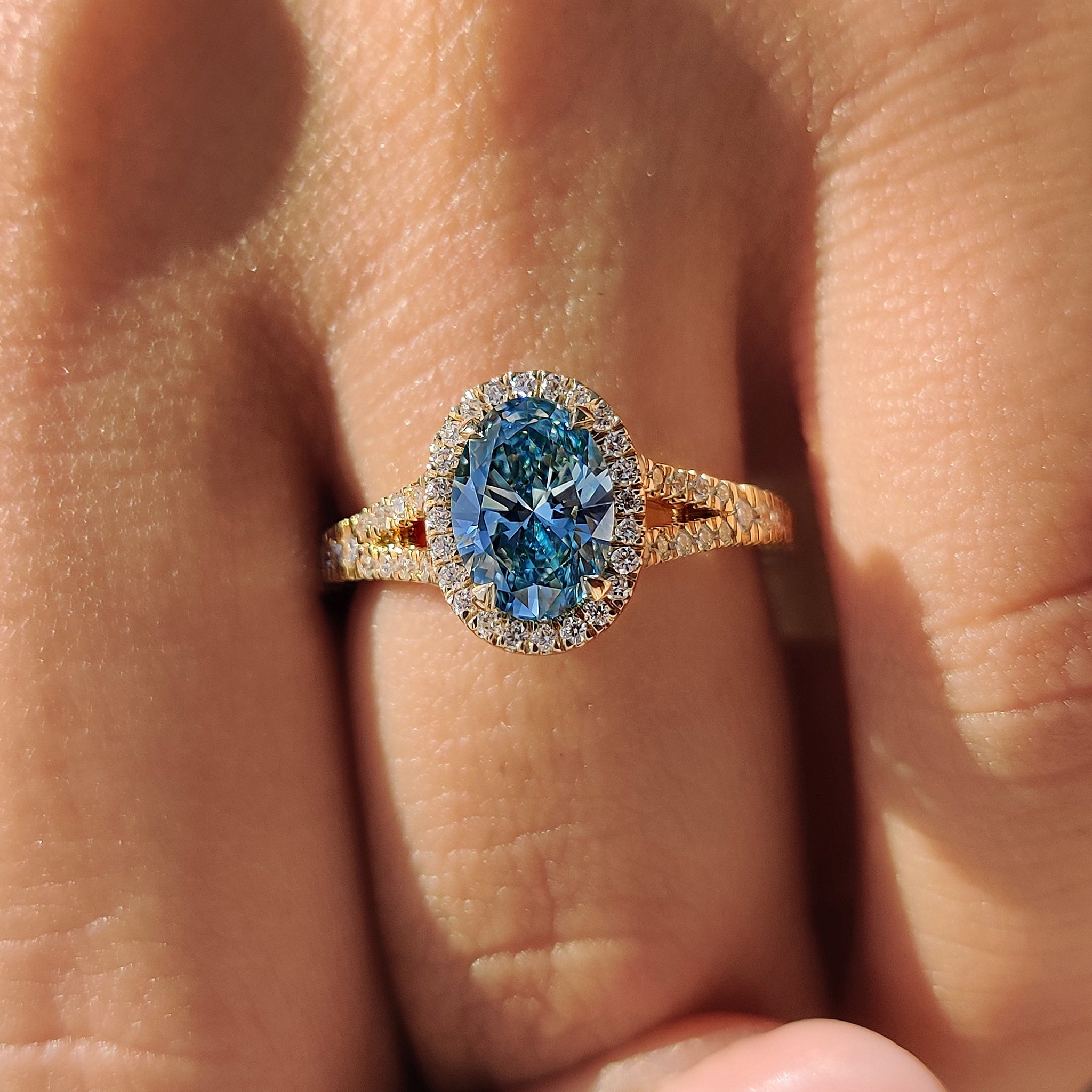 1 - 3 CT Blue Diamond Oval Engagement Ring in Pave Setting