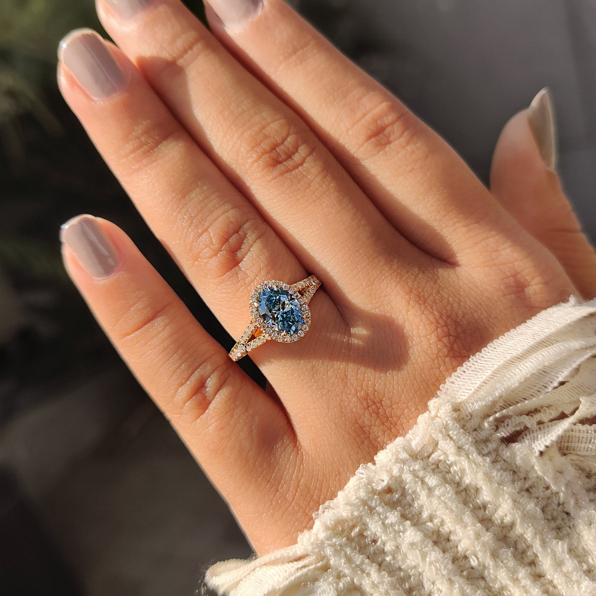 1 - 3 CT Blue Diamond Oval Engagement Ring in Pave Setting