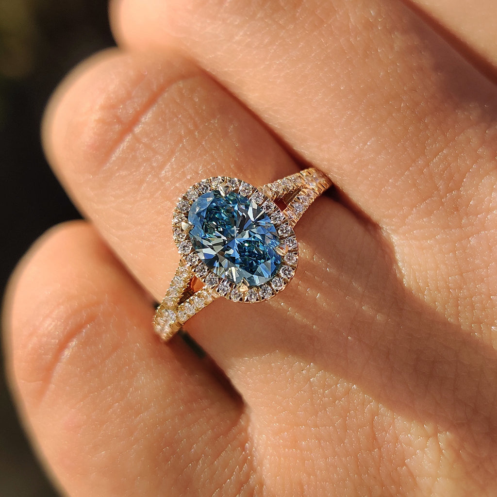 1 - 3 CT Blue Diamond Oval Engagement Ring in Pave Setting