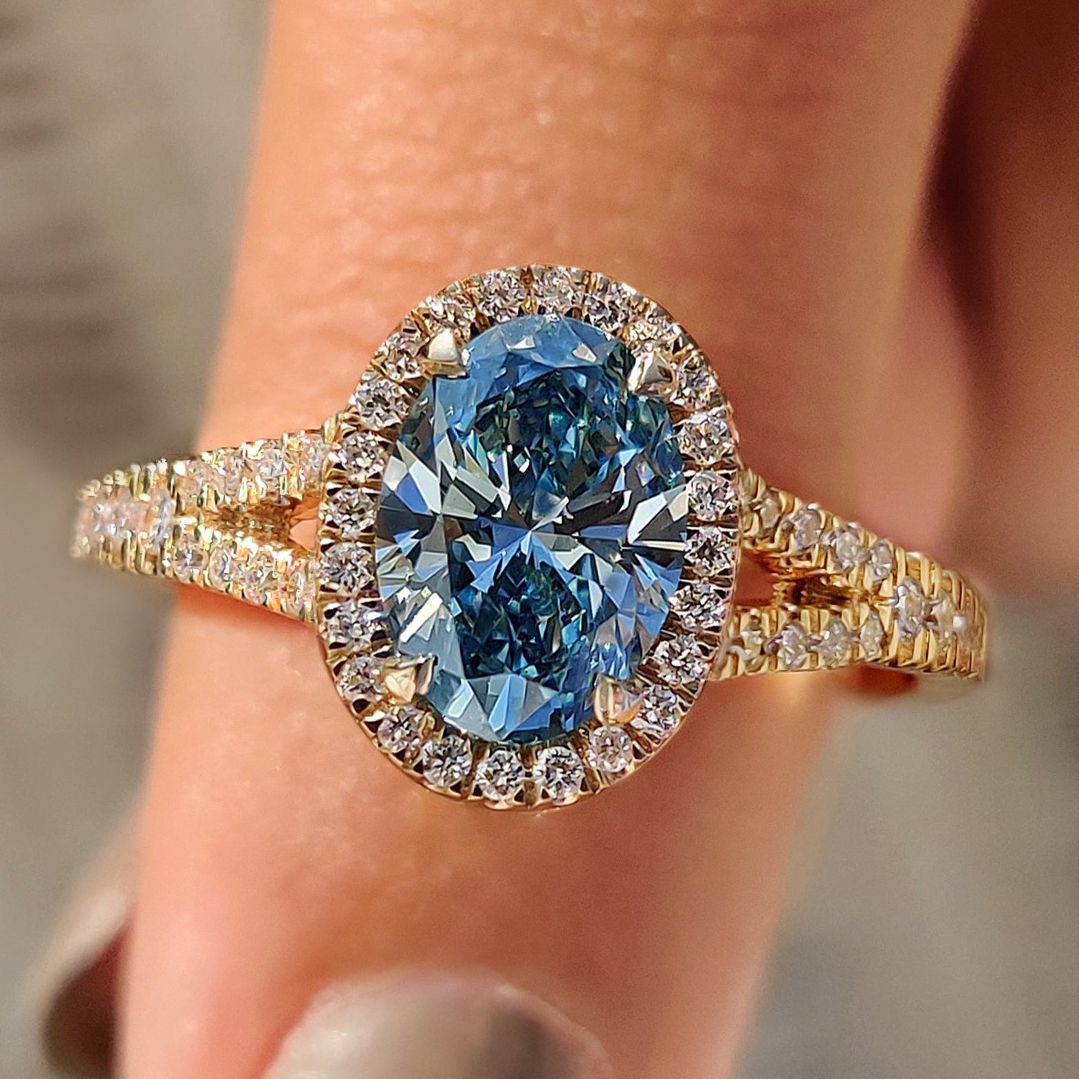 1 - 3 CT Blue Diamond Oval Engagement Ring in Pave Setting
