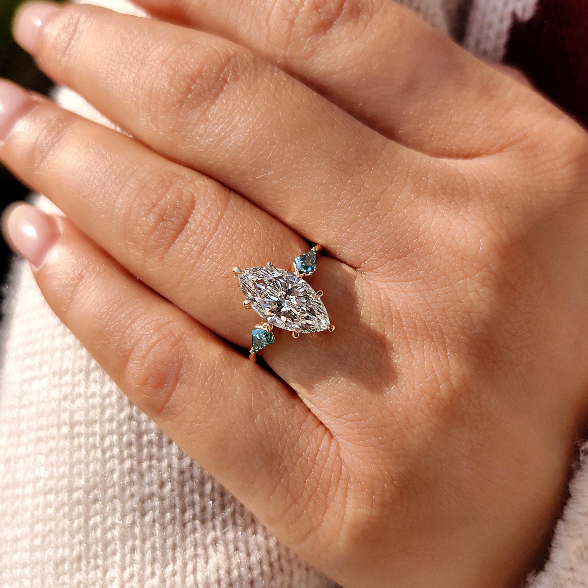 Marquise Cut Diamond Ring With Cyan Blue Kite Side Moissanite Secondary image
