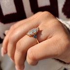 Marquise Cut Diamond Ring With Cyan Blue Kite Side Moissanite