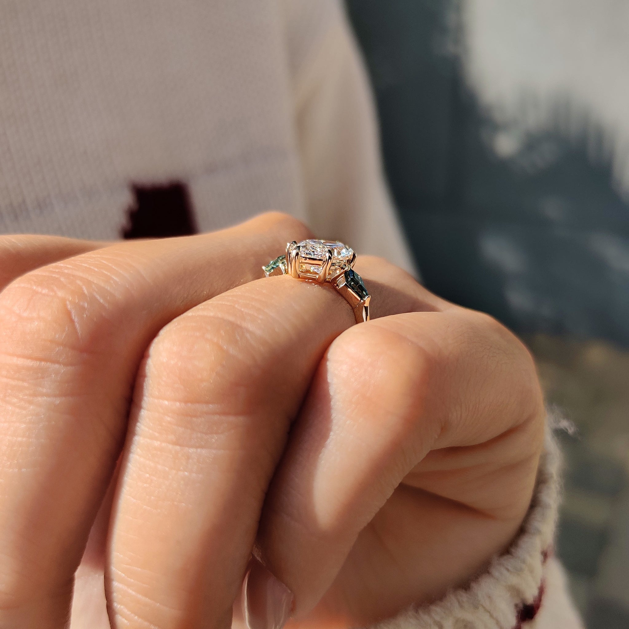 Marquise Cut Diamond Ring With Cyan Blue Kite Side Moissanite