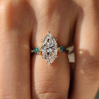 Marquise Cut Diamond Ring With Cyan Blue Kite Side Moissanite