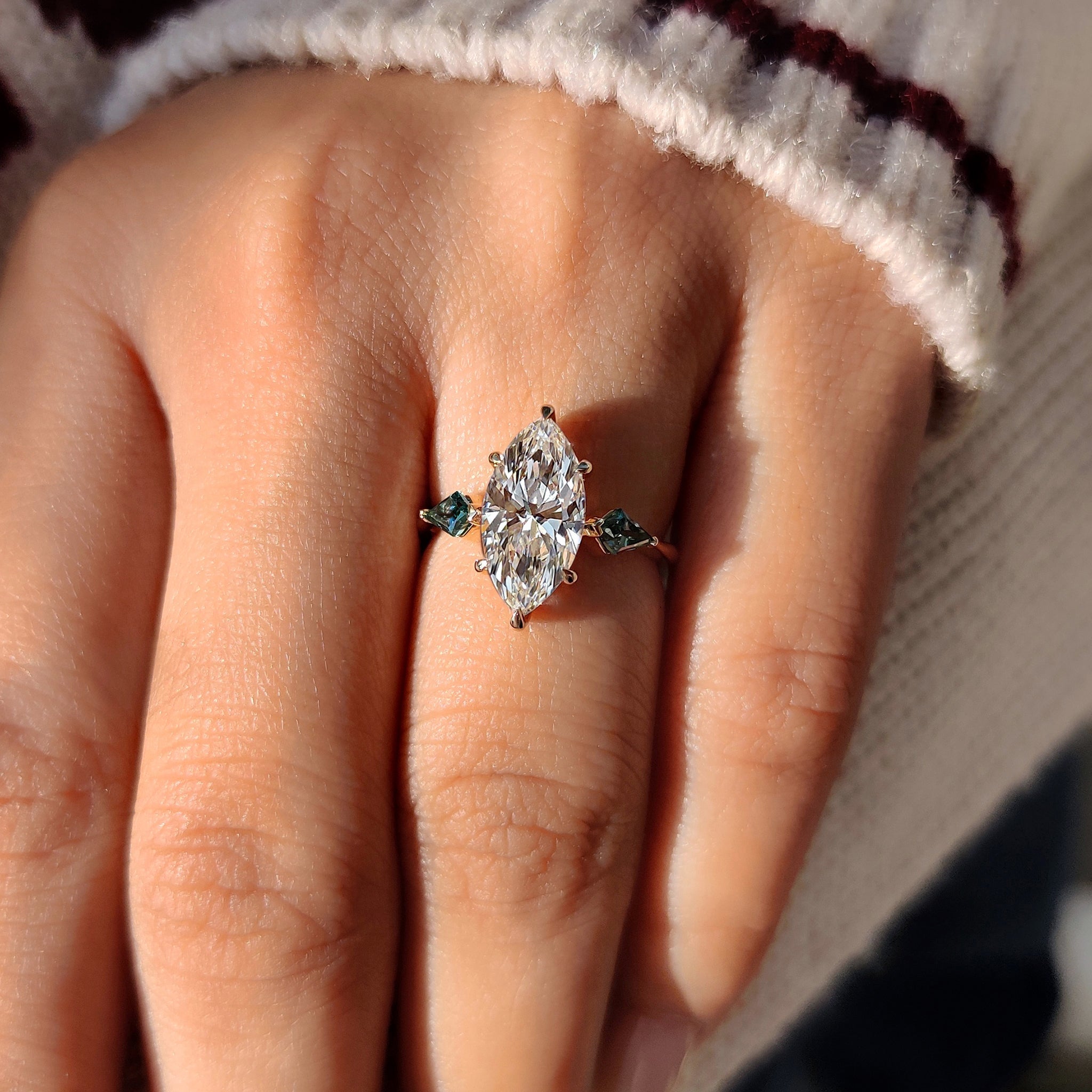 Marquise Cut Diamond Ring With Cyan Blue Kite Side Moissanite