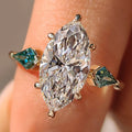 Marquise Cut Diamond Ring With Cyan Blue Kite Side Moissanite