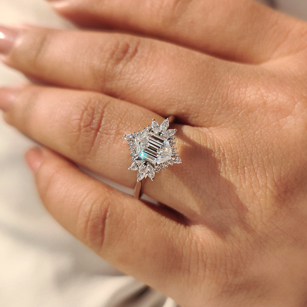 Elongated Hexagon Engagement Ring in Cluster Setting
