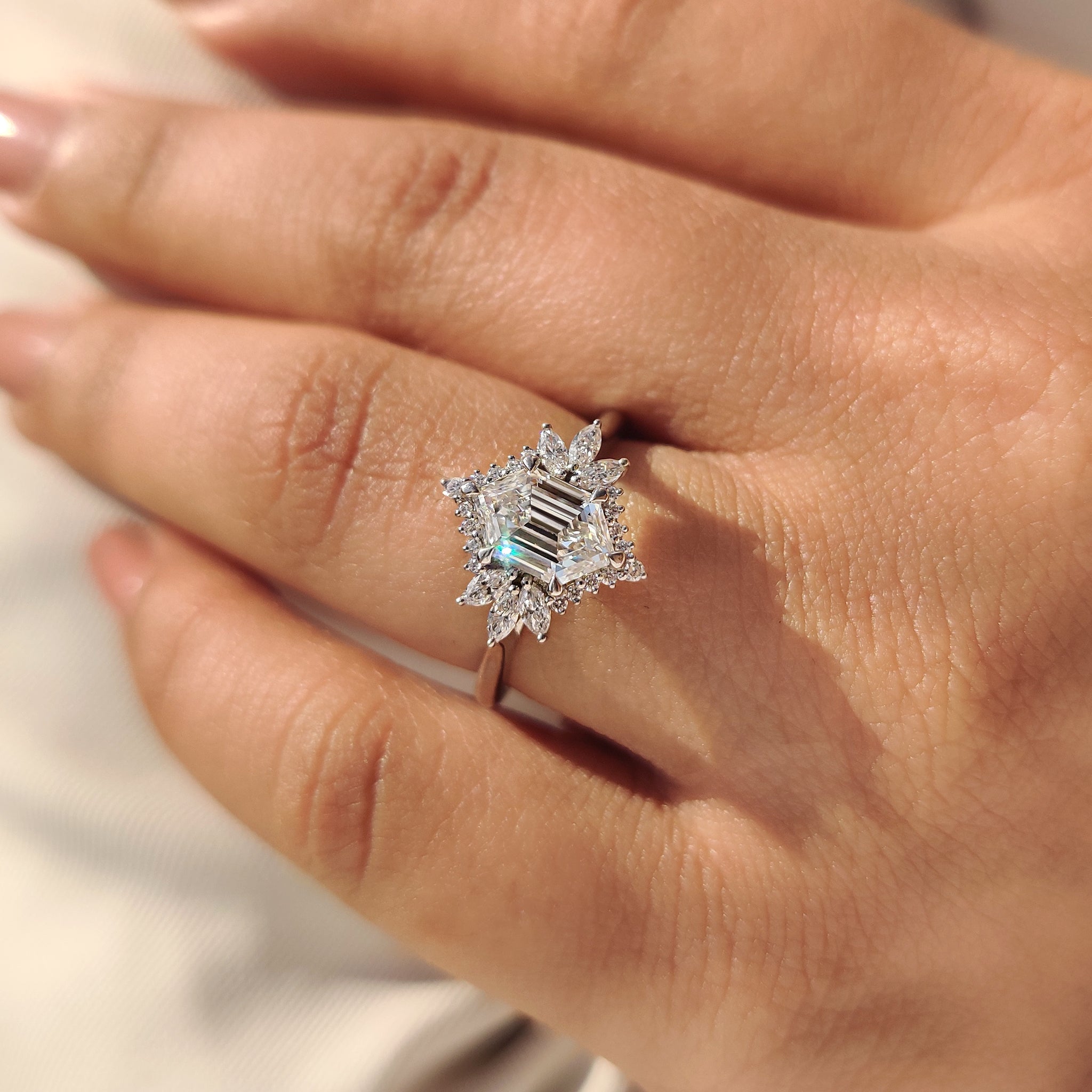 Elongated Hexagon Engagement Ring in Cluster Setting