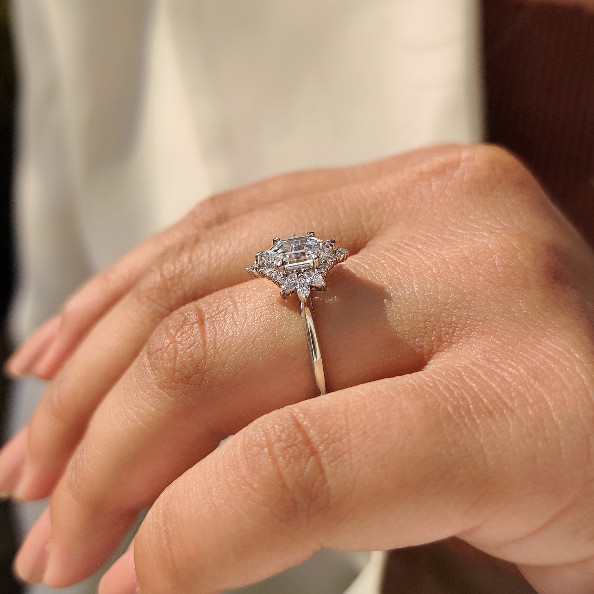 Elongated Hexagon Engagement Ring in Cluster Setting
