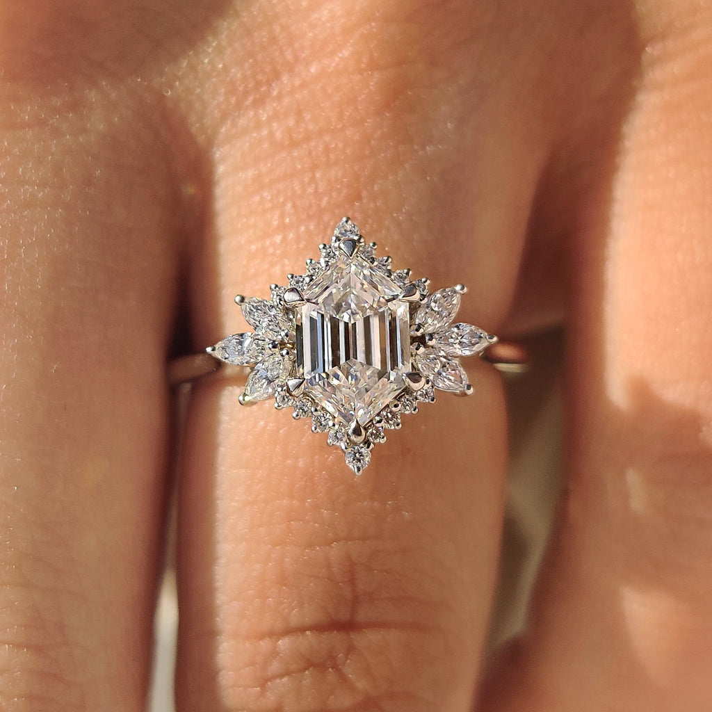 Elongated Hexagon Engagement Ring in Cluster Setting