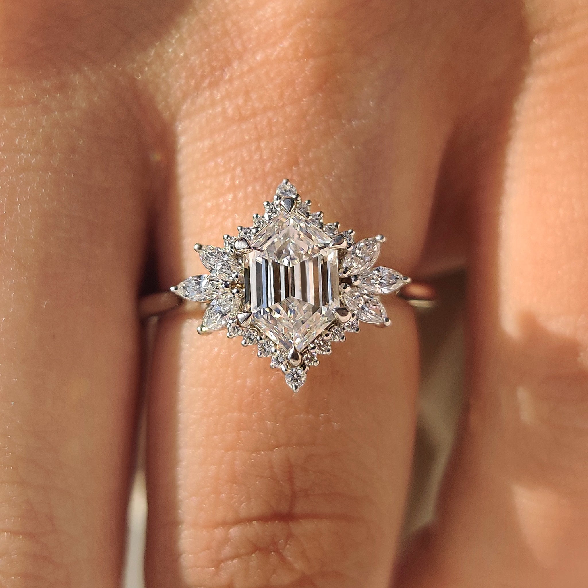 Elongated Hexagon Engagement Ring in Cluster Setting