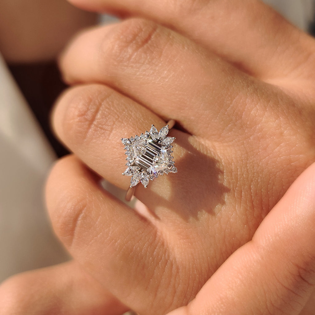 Elongated Hexagon Engagement Ring in Cluster Setting