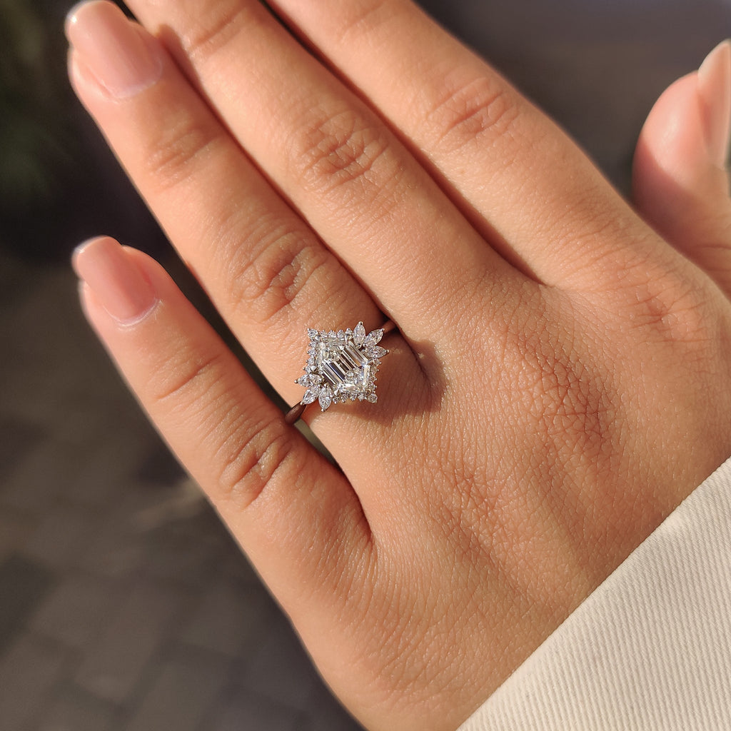 Elongated Hexagon Engagement Ring in Cluster Setting