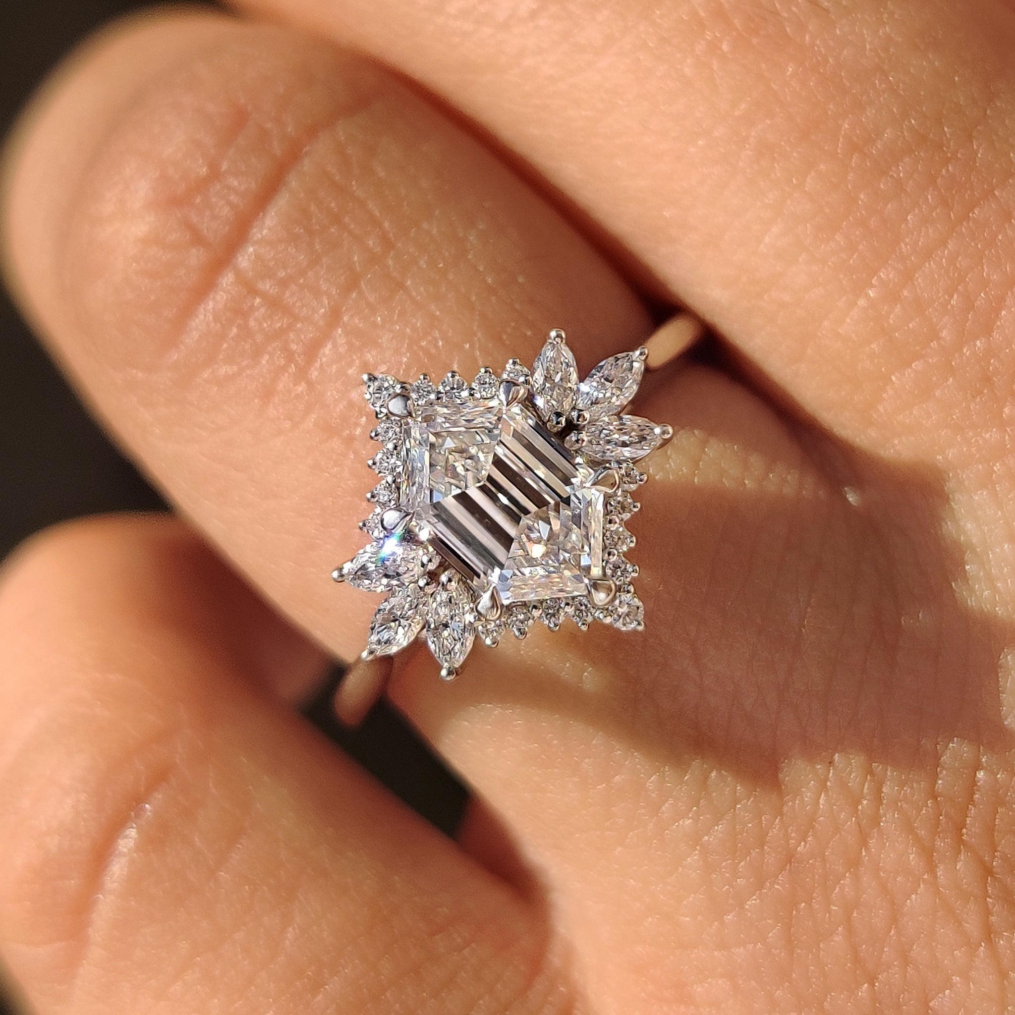 Elongated Hexagon Engagement Ring in Cluster Setting