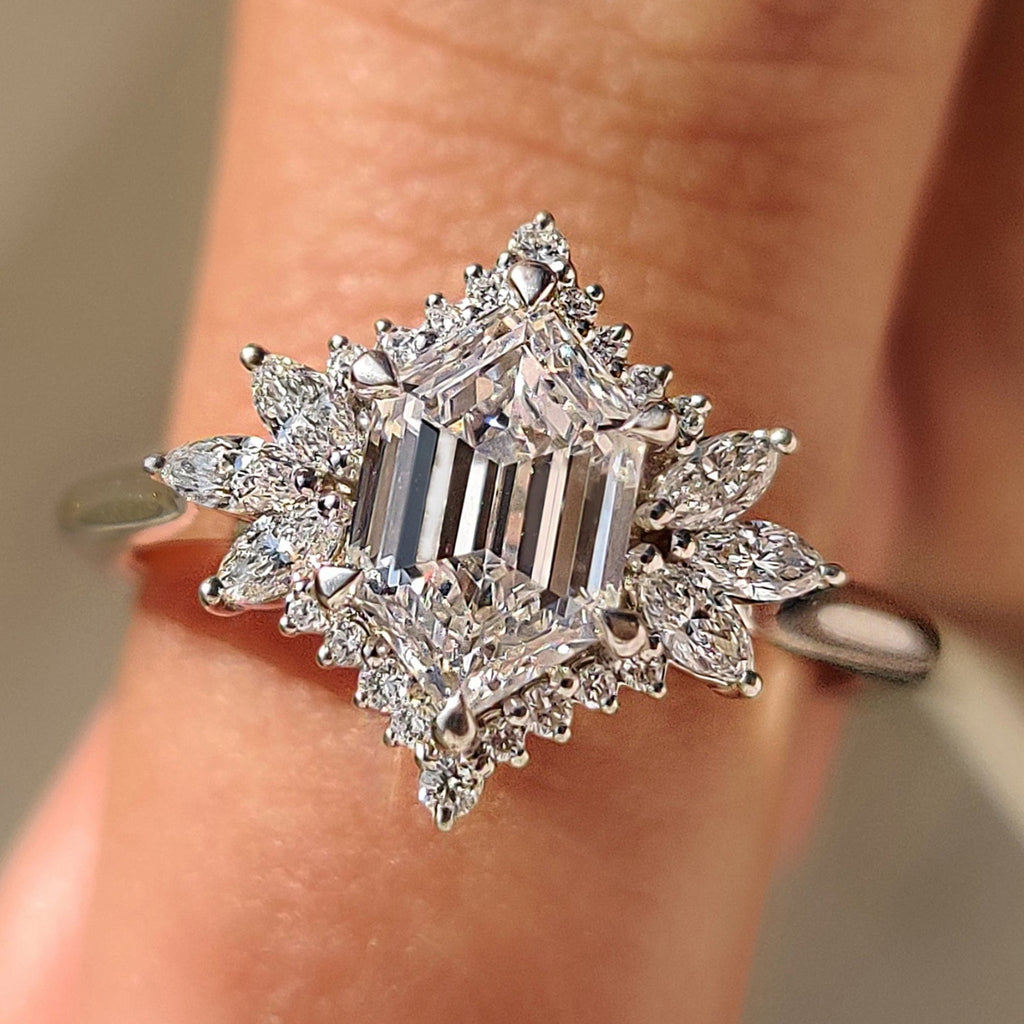 Elongated Hexagon Engagement Ring in Cluster Setting