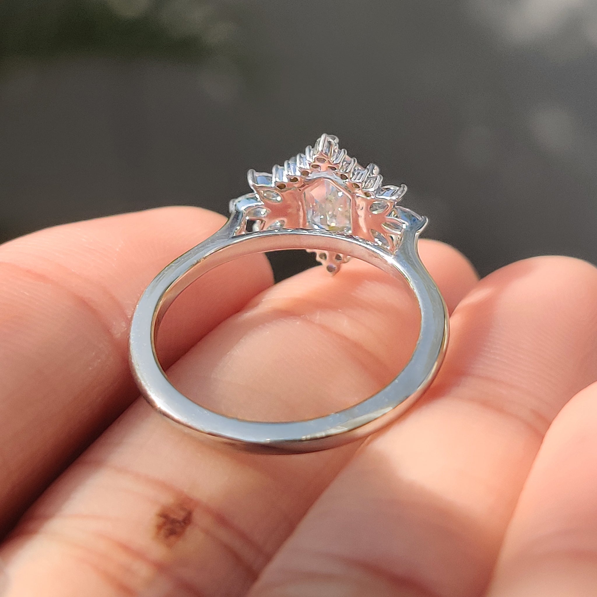 Elongated Hexagon Engagement Ring in Cluster Setting
