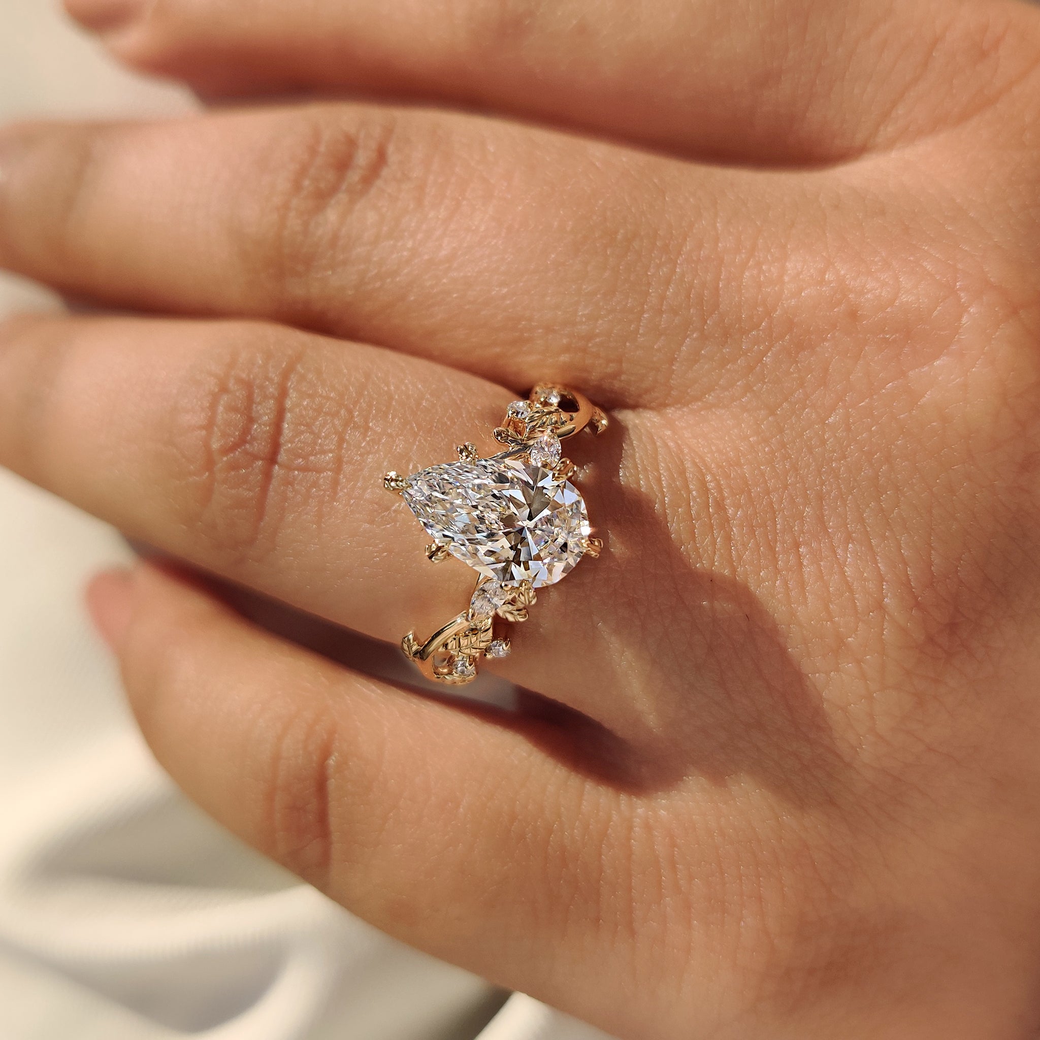 Pear Diamond Nature Inspired Engagement Ring in Filigree style