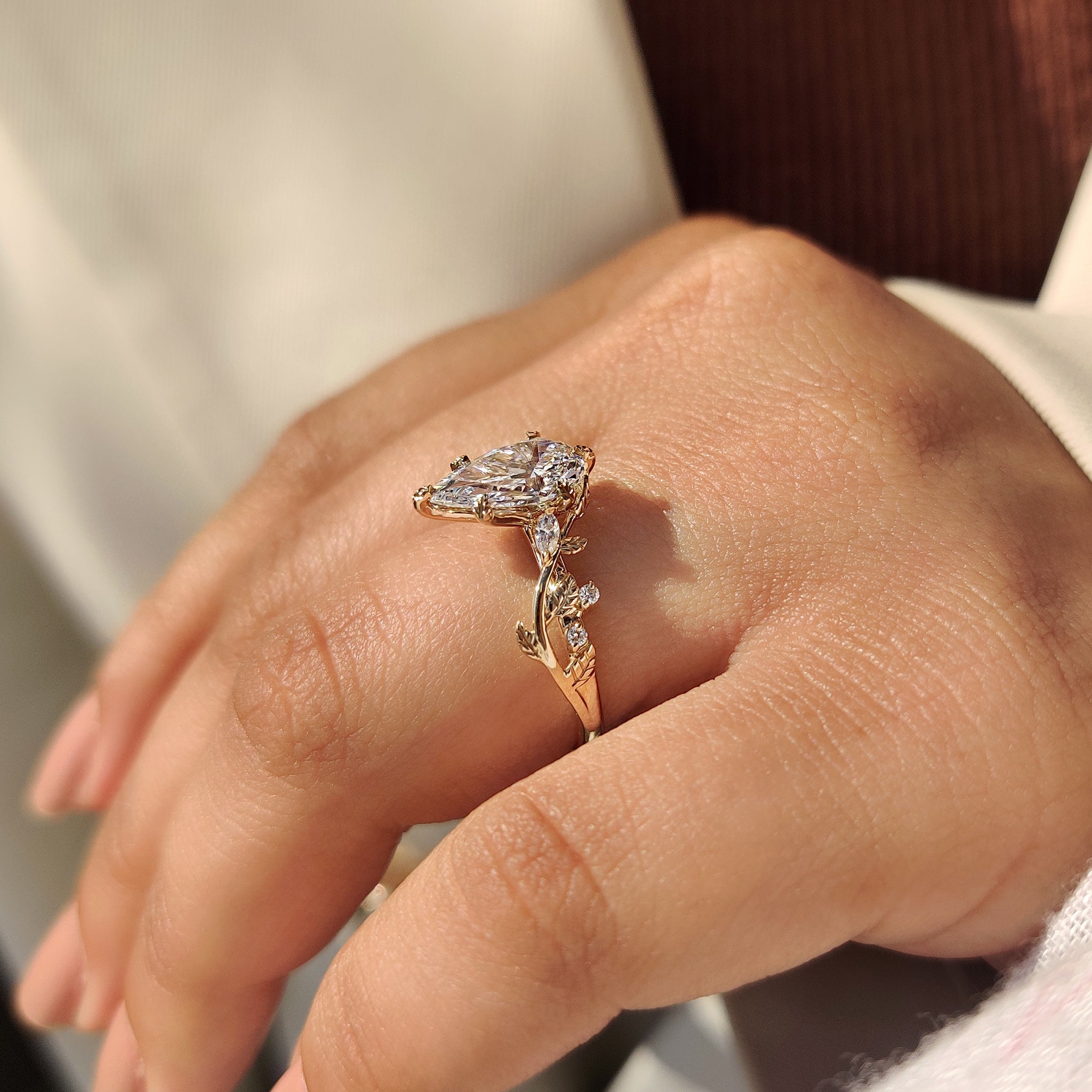 Pear Diamond Nature Inspired Engagement Ring in Filigree style